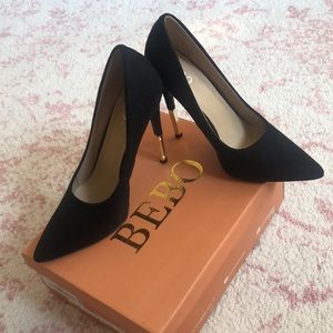 LULUS/BEBO Black Suede & Gold Accent Heels